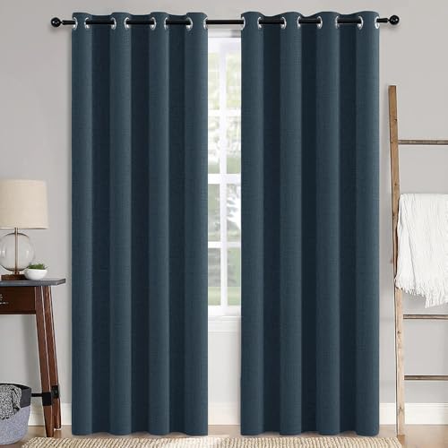 100% Blackout Linen Curtains for Bedroom 52x84 Inches Navy (Navy / 52"W x 84"L (Pack of 2))