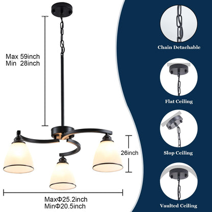 3 Lights Modern Chandelier Light Fixture Matte Black Retractable Round Chandelier Rustic Hanging Lamp Adjustable 59" Max Pendant Ceiling Light for Kitchen Island Dining Room Table Hallway (black-a / small-3 light)