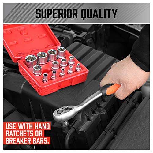 14-Piece E-TORX Socket Set - Premium Female Torx Socket Set, Ultimate Torque Star Sockets, External Torx Sockets, E4 E5 E6 E7 E8 E10 E11 E12 E14 E16 E18 E20 E22 E24 (14-Piece E-Torx - (E4-E24))