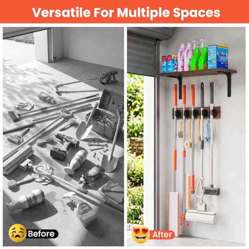 Broom Holder Wall Mount with Wooden Shelf