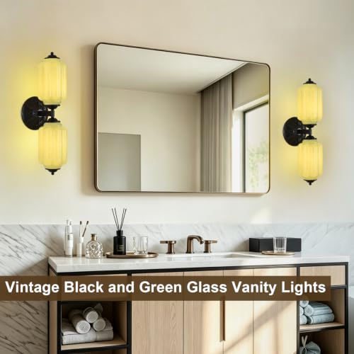 Green Glass Vintage Bathroom Vanity Light (Black & Green 1 Pack)