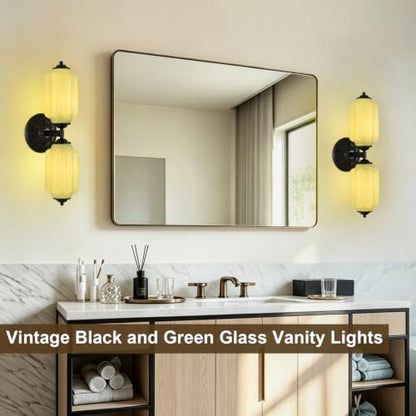 Green Glass Vintage Bathroom Vanity Light (Black & Green 1 Pack)