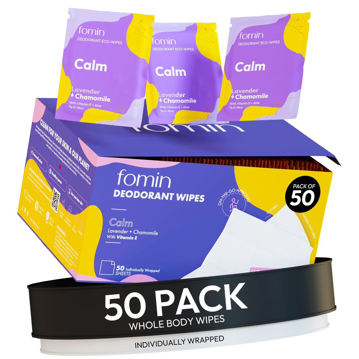 Travel Deodorant Wipes for Women & Men (Calm - Lavender Chamomile - 50 Count)