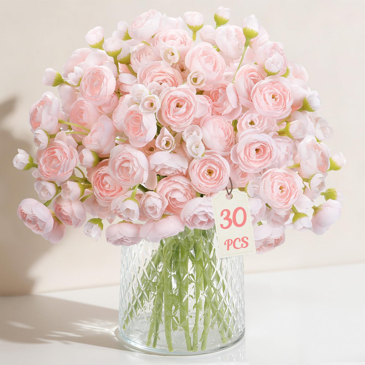 30Pcs Ranunculus Artificial Flowers Faux Silk Mini Flowers Indoor (Shabby Blush)