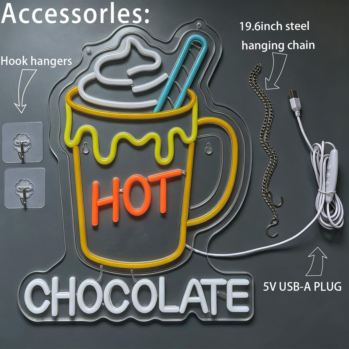 Hot Chocolate Neon Sign (Golden Yellow,Pure White,Orange Red)