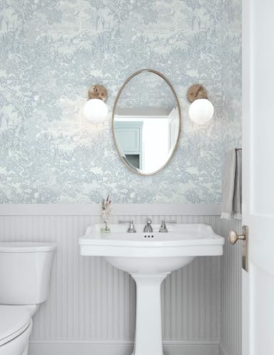 Peel and Stick Wallpaper Blue and White Vintage Forest Animals Floral Wallpaper Removable Self (Blue / 17.3" x 197")