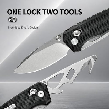5-in-1 Multitool Pocket Knife, 2.4" Premium CVG-10 Steel Blade Folding Knife with Seatbelt Cutter, Bottle Opener, Wrench & Screwdriver, Durable G10 Handle EDC Knife, Ideal Cool Gifts for Men