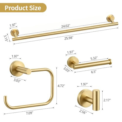 5 Piece Gold Bathroom Accessories 24 Inch Towel Racks for Bathroom (Brushed Gold)