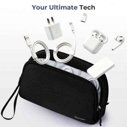 Electronics Travel Organizer 9 Compartment Dual Layer Tech Pouch Lightweight Water Resistant Travel Cable Organizer Bag for Chargers Cords Phone Power Bank Tech Essentials and Daily Items (Black / L)