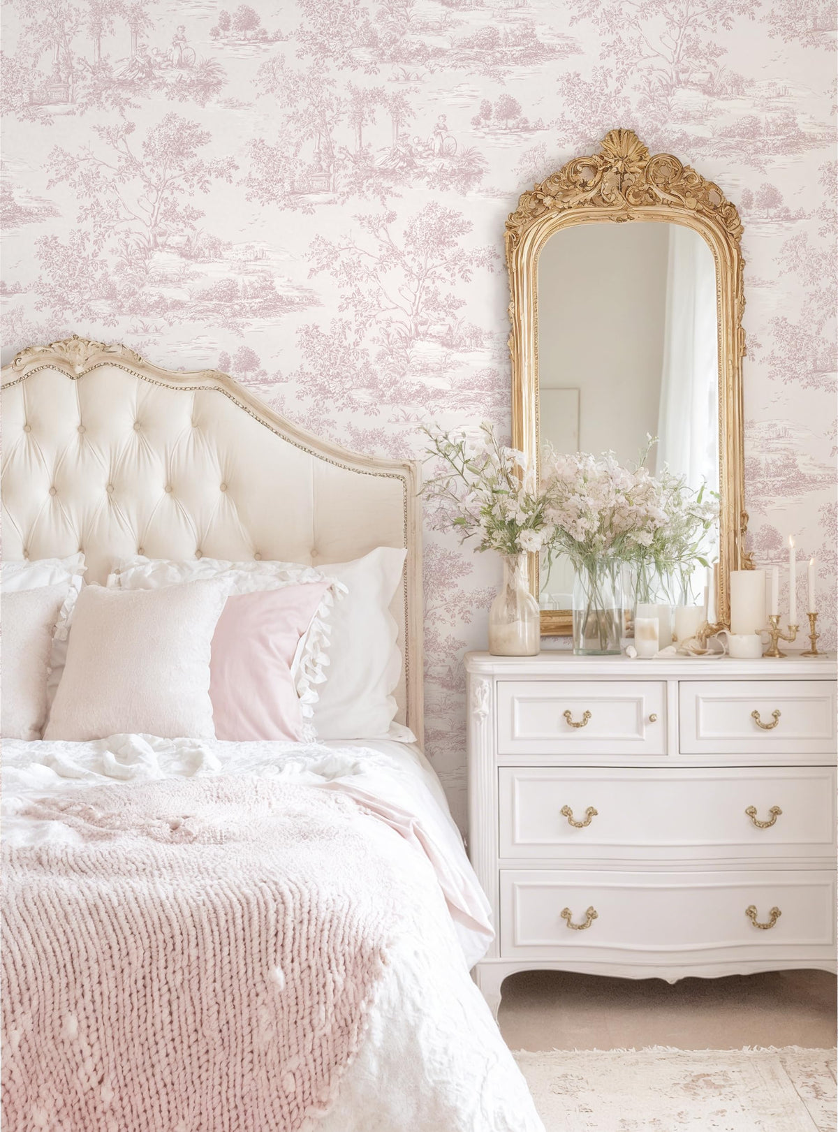 Peel and Stick Wallpaper Vintage Wallpaper Pink Removable Wall Paper Toile Self (Pink / 17.3" x 196.8")