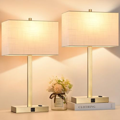 21" Set of 2 Touch Control Table Lamps with 2 USB & AC Outlets