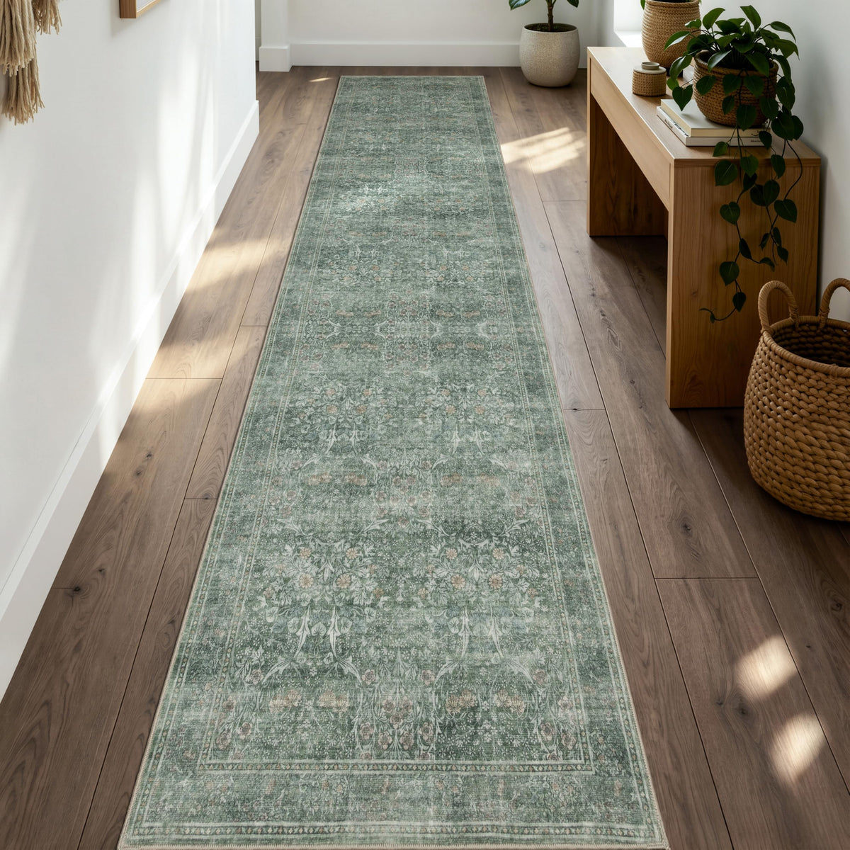 Runner Rug 2x10 Washable Vintage Floral Rug (Moss Green / 2' x 10' (Rectangular))