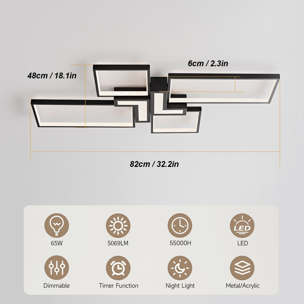 Modern Ceiling Light 32'' 50W 3000K (Black / 32 in)