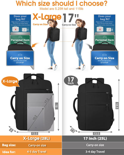 Travel Backpack for Women Men Waterproof Laptop Backpack Airlines Approved Carry On Backpack Bag Computer Bookbag for Business (Black Zipper / 17.3 Inch)