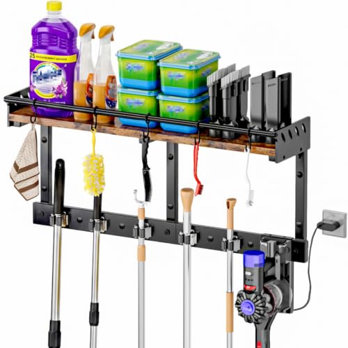 Heavy Duty Wall Mount Mop and Broom Organizer with Hooks