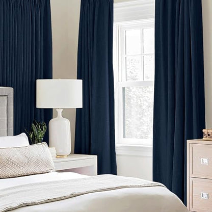 100% Blackout Linen Curtains for Bedroom 52x63 Inches Midnight Blue (Midnight Blue / 52"W x 63"L (Pack of 2))