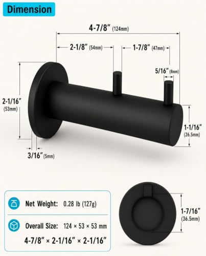 Wall Hooks Heavy Duty Double Black Hooks for Wall (Matte Black)