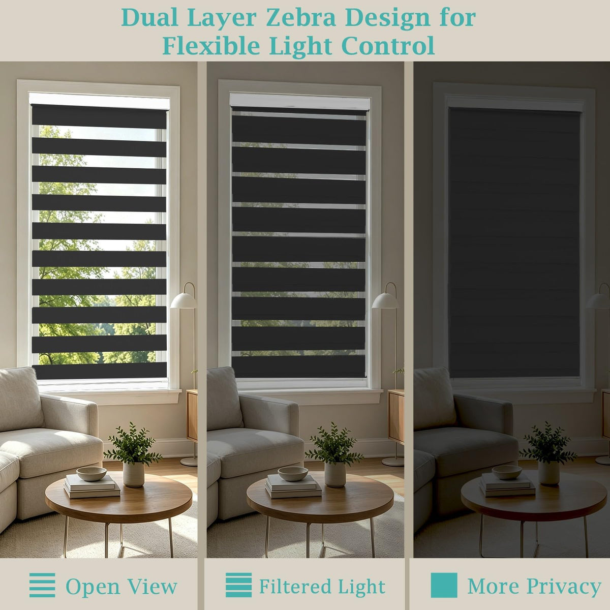 Custom Size Cordless Zebra Blinds for Windows (Black / CUSTOM SIZE)