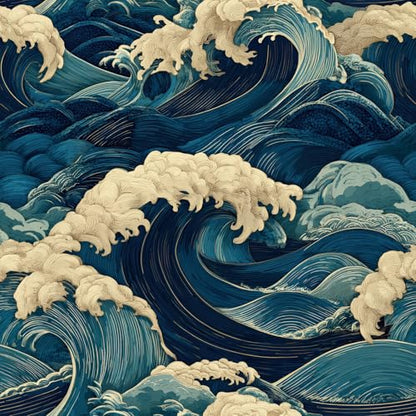 Vintage Coastal Wave Peel and Stick Wallpaper Navy Blue Cream Seamless Ocean Oriental Removable Waterproof Contact Paper for Accent Wall Bathroom Bedroom Nursery Kids Room Home Décor