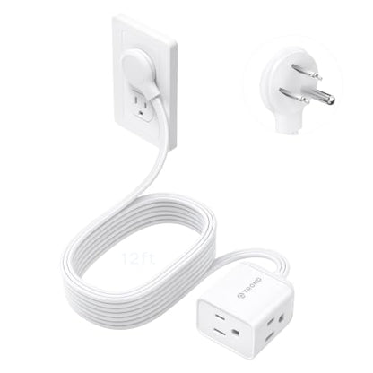 Rightward Flat Plug Extension Cord 12ft for Small Tight Spaces (12 ft / Rightward 3 Prong / White)