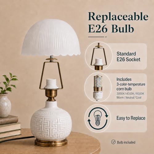 16" Vintage White Ceramic Table Lamp for Bedroom (White Ceramic + White Shade（Chinese）)