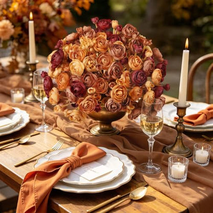 30Pcs Ranunculus Artificial Flowers Fall Faux Silk Mini Ranunculus (Maple Orange&burgundy&mocha Brown&fall Yellow)