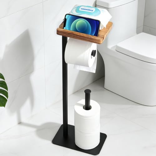 Freestanding Toilet Paper Holder Stand with Wood Shelf