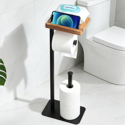 Freestanding Toilet Paper Holder Stand with Wood Shelf