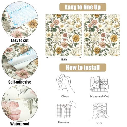 Floral Peel and Stick Wallpaper Vintage Floral Contact Paper Boho Flower Wallpaper Peel and Stick Removable Self Adhesive Wall Paper for Cabinets Bathroom Decorative Vinyl