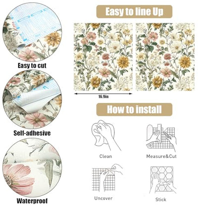 Floral Peel and Stick Wallpaper Vintage Floral Contact Paper Boho Flower Wallpaper Peel and Stick Removable Self Adhesive Wall Paper for Cabinets Bathroom Decorative Vinyl