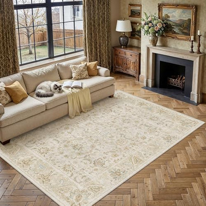 9x12 Beige Washable Area Rug Non Slip Retro Distressed Carpet (Distressed | Beige / 9' x 12' (Rectangular))
