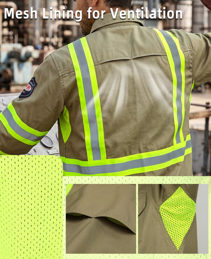 Vented FR High Vis Shirts Reflective Pearl Snaps Summer Work Safety (X-Large Tall / Khaki)