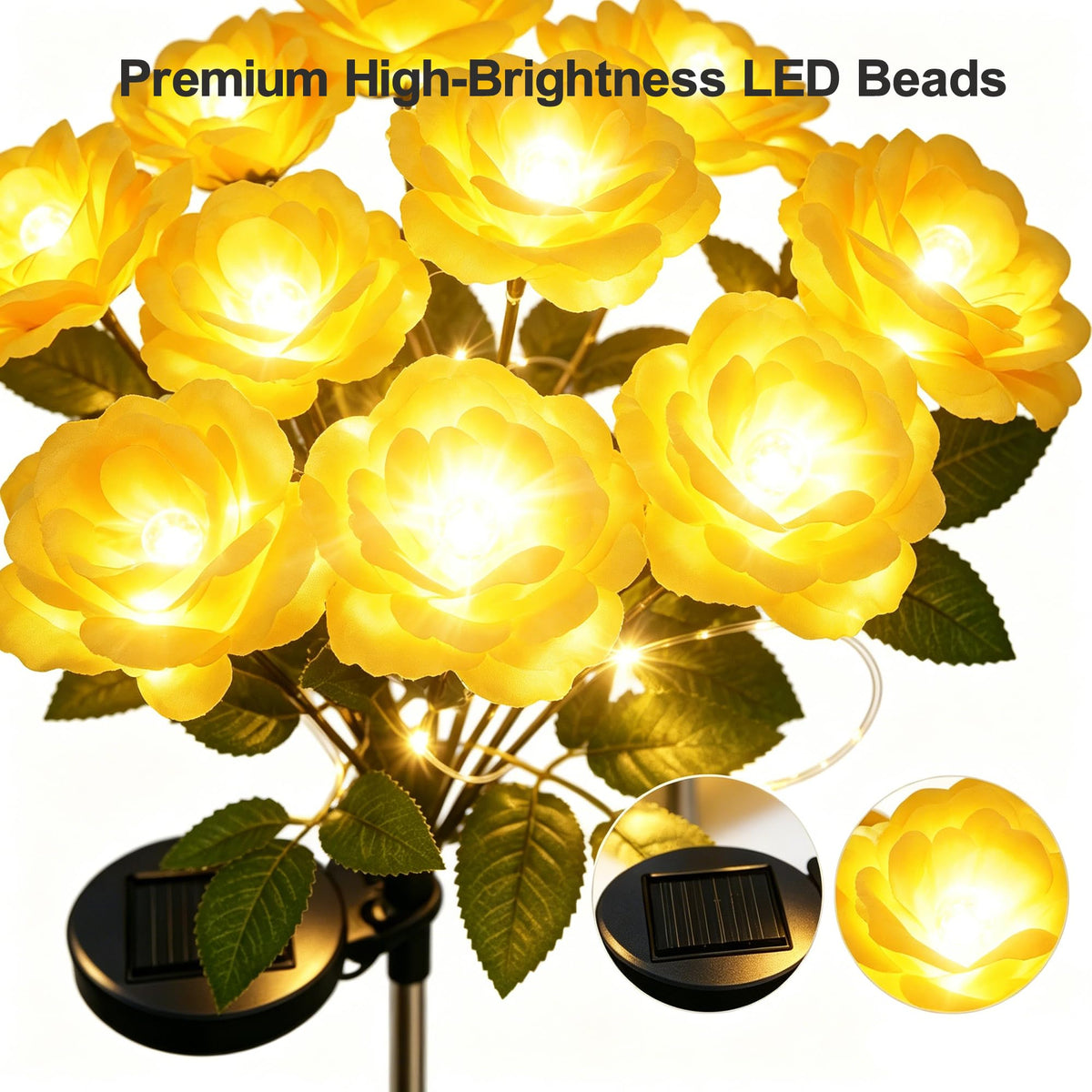 Solar 7 Head Rose Flower Lights Outdoor (Yellow)