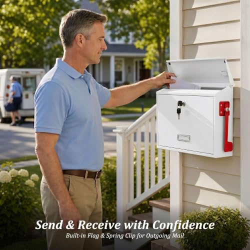 Locking Wall Mount Mailbox with Outgoing Mail Flag & Spring Clip (White)