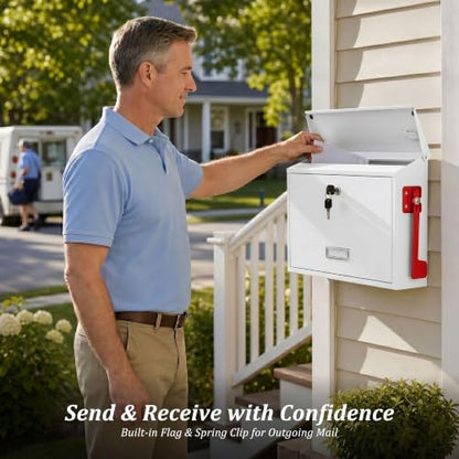 Locking Wall Mount Mailbox with Outgoing Mail Flag & Spring Clip (White)