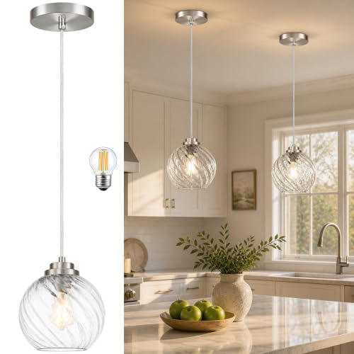 6" Nickel Globe Pendant Light Ribbed Glass Pendant Lights Kitchen Island Height Adjustable Mid (Nickel & Fluted Glass / 6 Inch)