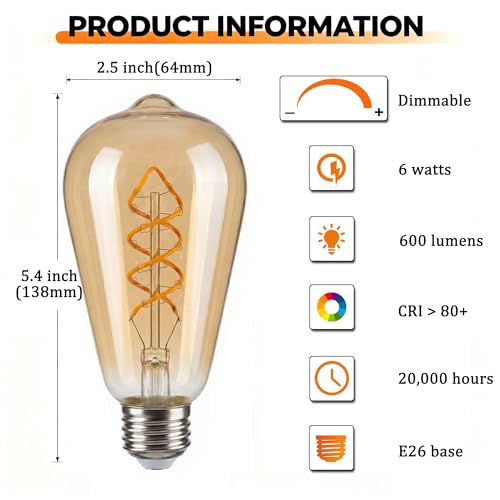 4 Pack 6W ST64 LED Edison Bulbs 60 Watt Equivalent
