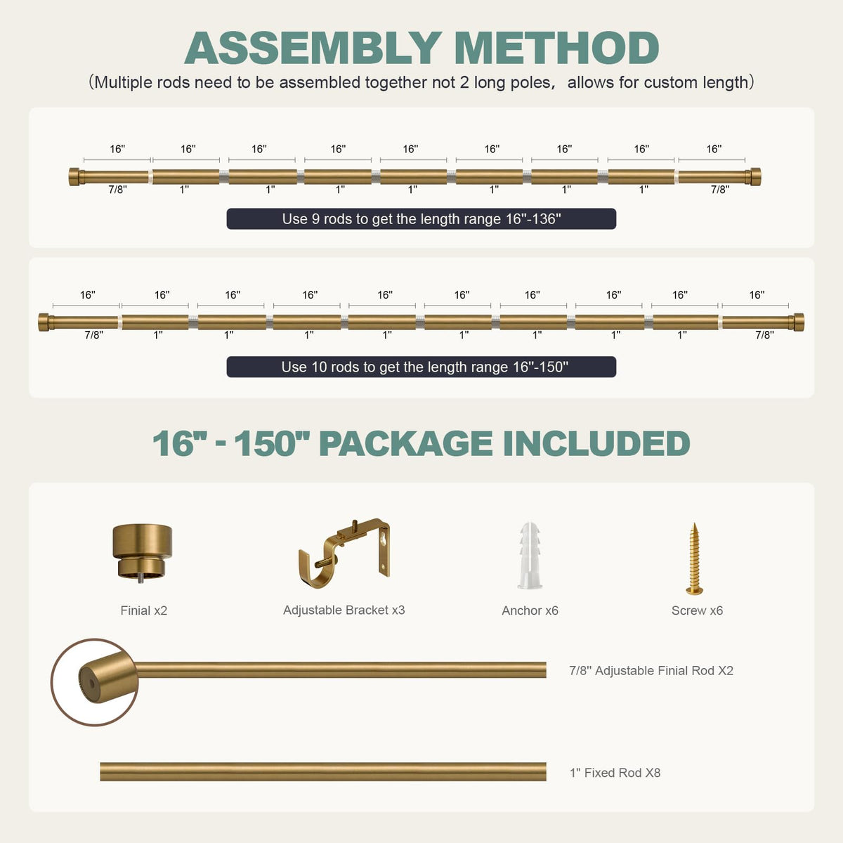 Warm Gold Curtain Rods for Windows 72 to 144 with Adjustable Brackets Heavy Duty 1" Diameter Brass Bronze Long Window Treatment Rod with Solid Metal Finials for Outdoor Bedroom Living Room (Warm Gold / 16"-144"|1 Pack)