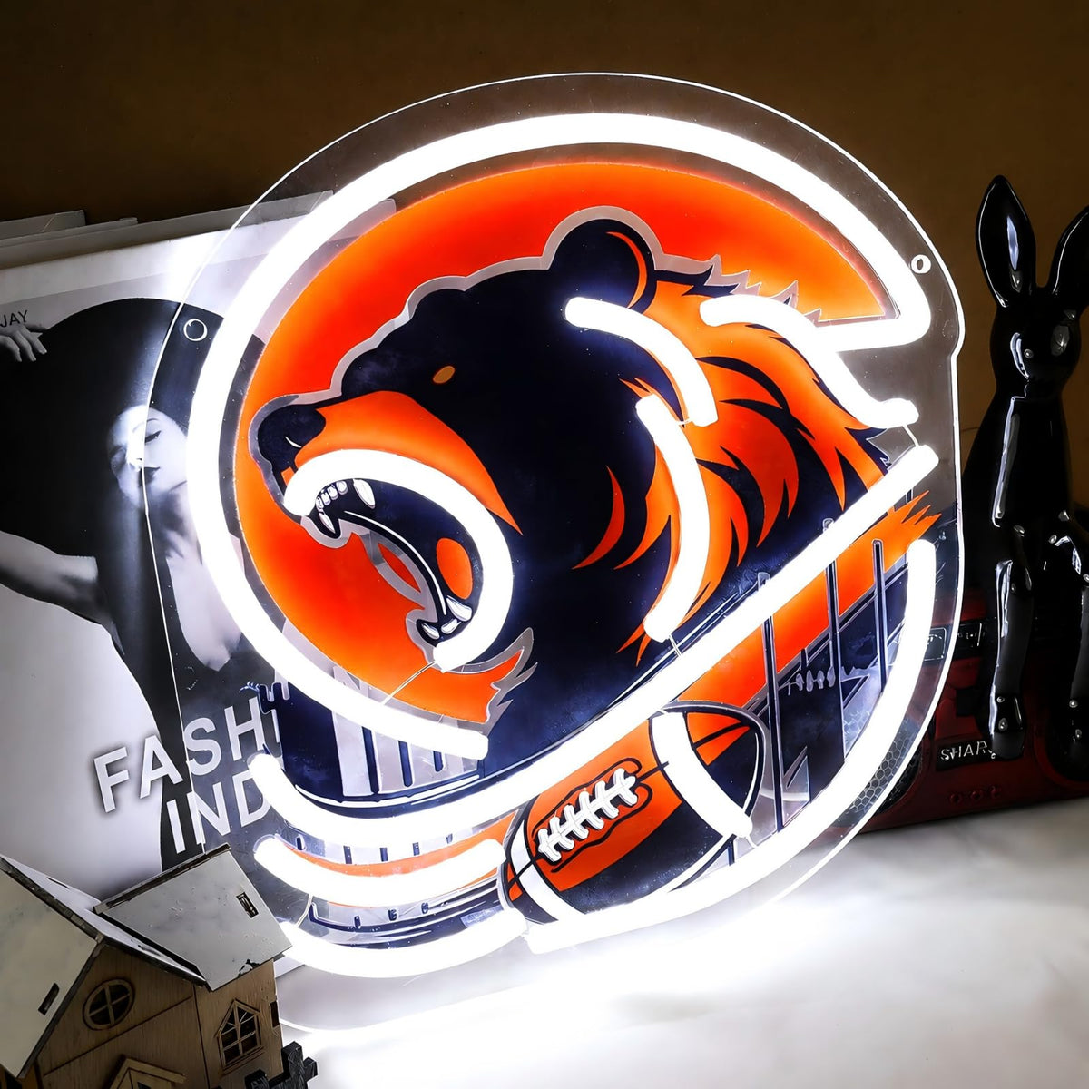 Football Bear Neon Sign Orange Bear Light for Man Cave Wall Decor (Orange,HuKou)