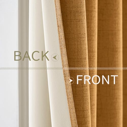 100% Blackout Linen Curtains for Bedroom 52x84 Inches Mustard Yellow (Mustard Yellow / 52"W x 84"L (Pack of 2))