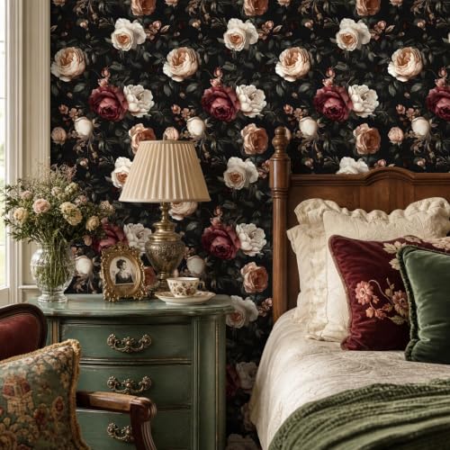 Vintage Burgundy Boho Floral Peel and Stick Wallpaper 17.4"x78.8" (Dark Red and Wite / 17.4" x 78.8")