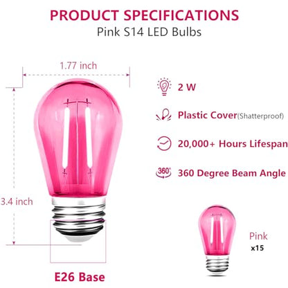S14 LED Shatterproof 2 Watt String Light Bulbs Plastic Waterproof E26 Base Filament Edison Outdoor Replacement Christmas Light Bulbs