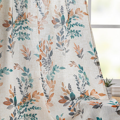 Floral Linen Curtains 72 inch Long 2 Panels Set Leaf Patterned Semi Sheer Light Filtering Privacy Farmhouse Grommet Drapes for Bedroom (B-burnt Orange / 52"W x 72"L (Pack of 2))