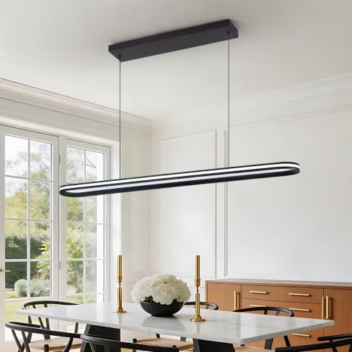 Modern LED Pendant Light Dimmable Linear Pendant Light 39.4in Semi Flush Mount Long Lights with Remote Control and Side Lighting for Living Room Kitchen Dining Room