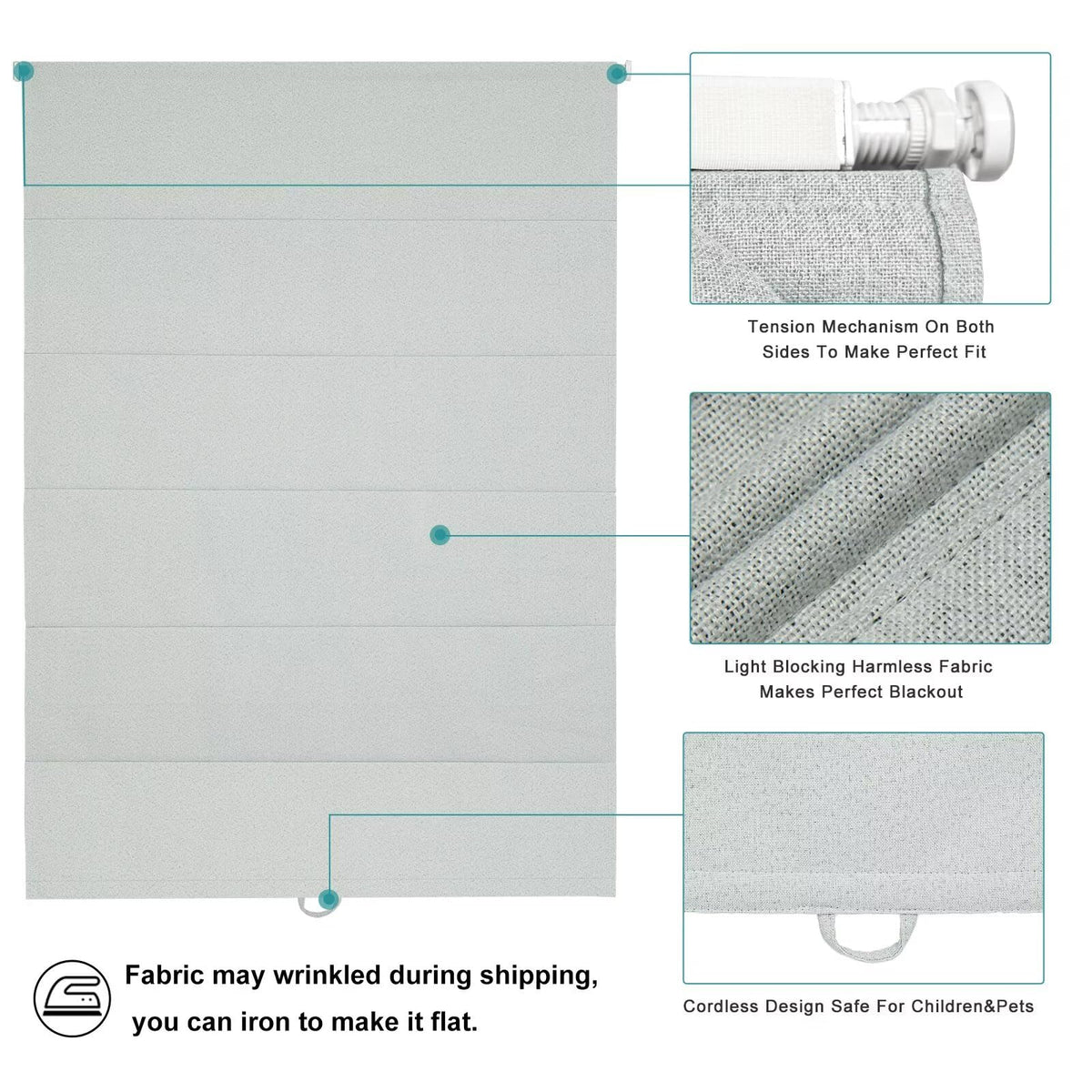 No Drill Roman Shades Cordless Blinds Blackout for Indoor Windows (Light Grey / 40"W x 64"H)