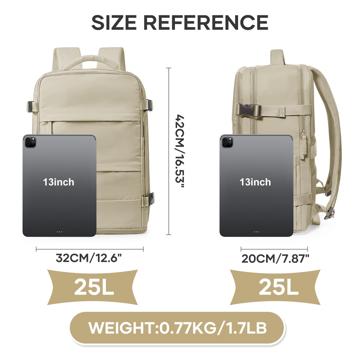 Travel Backpack For Women Men (Khaki / 25 liters)