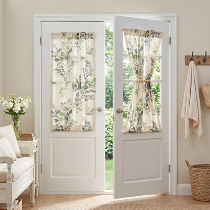 Floral Linen French Door Curtains 40 inch Long 2 Panels for Front Door Light Filtering Privacy Semi Sheer Window Curtains with Rod Pocket (B-green / 24"W x 40"L (Pack of 2))