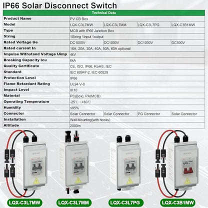 CNLONQ Solar Panel Disconnect Switch 20A~63A 1000V DC PV Circuit Breaker IP66 Waterproof with PV Connector and Install Hook for Outdoor Home Solar Panel Systems