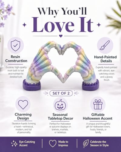Halloween Decor Handmade 6.7'' Resin Heart Figurine (Pastel Skeleton Hand)