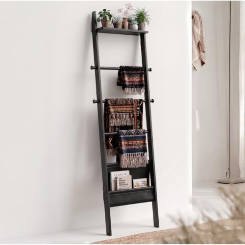 71" 4-in-1 Blanket Ladder for Living Room, 5-Tier Leaning Bamboo Decorative Towel & Quilt Rack with Magazine Leather Pocket